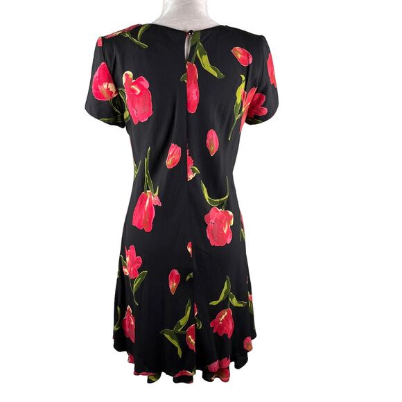 Vintage Hampton Dress Co Dress 8 Midi Black Red Tulips - Picture 9 of 12